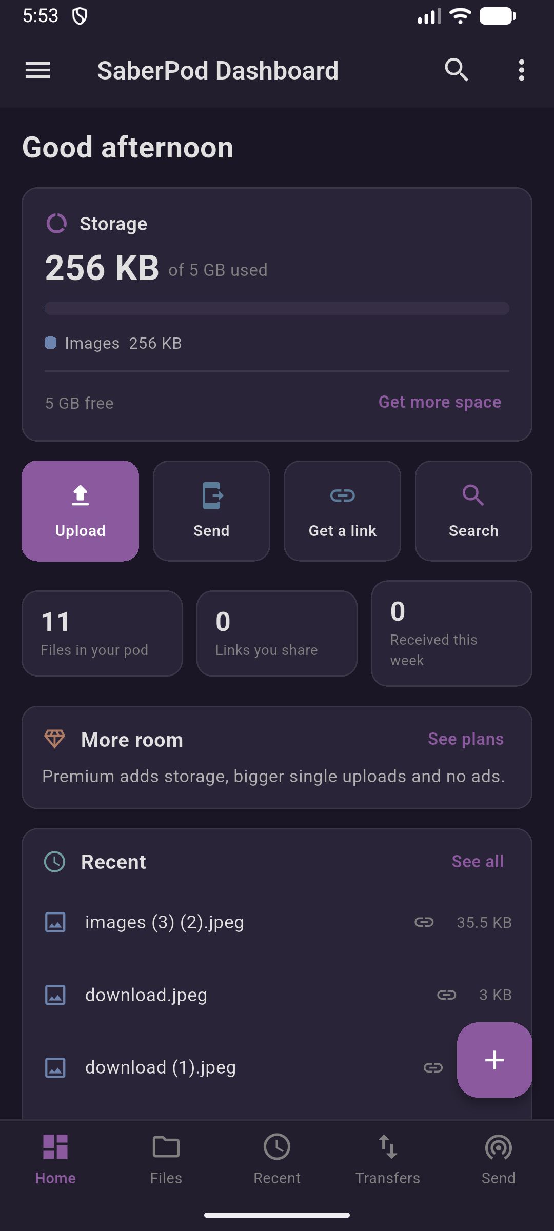 The SaberPod app showing a pod of files on a phone